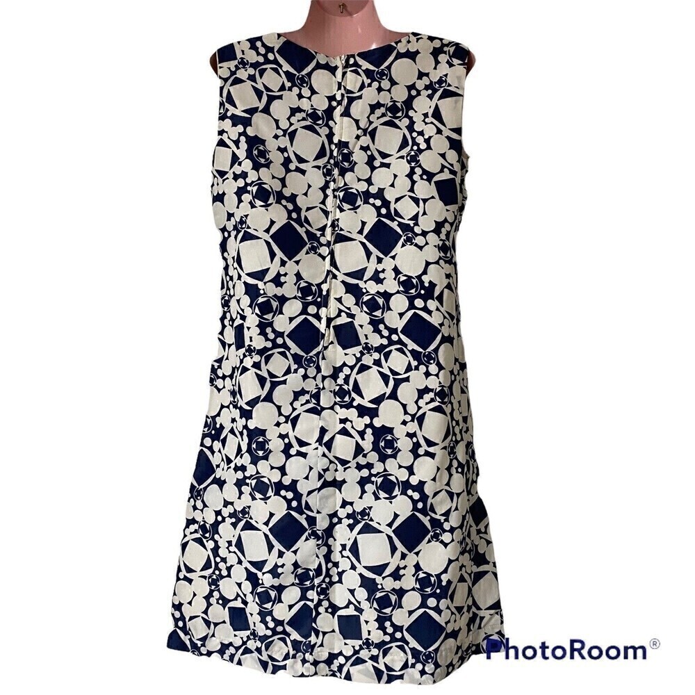 Vintage 60s Shift Dress Bust 36 Mod Abstract Klopman Whipped Cream Blue White - Picture 2 of 3